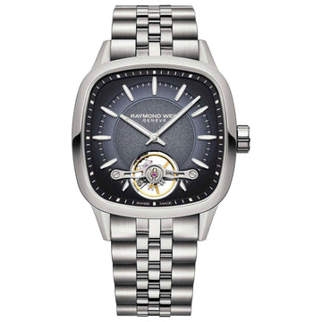 Raymond Weil Freelancer 2790-ST-50051 με ασημί ατσάλινο μπρασελέ και τετράγωνο μπλε skeleton καντράν διαστάσεων 40mmX40mm.